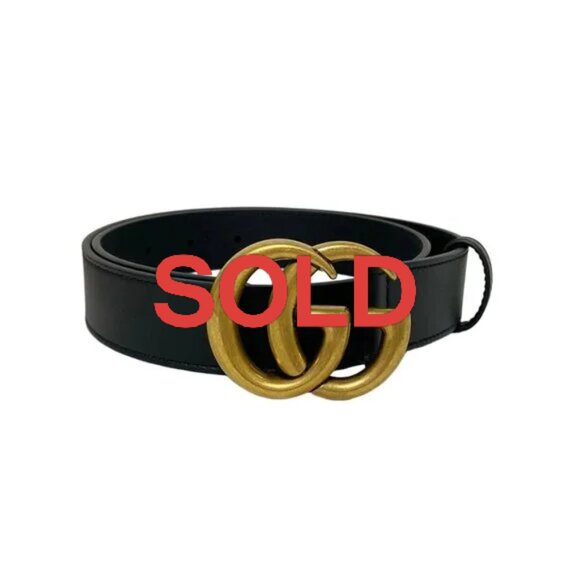 GUCCI Double G Slim Belt Black Gold Leather Hardware - Belt 503-042125 - Picture 1 of 4